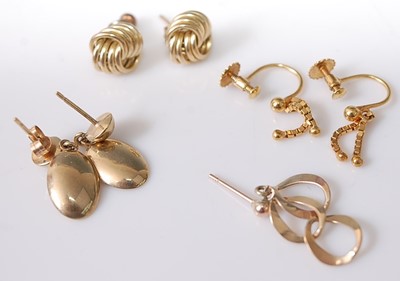 Lot 391 - Three pairs of 9ct gold and yellow metal ear...