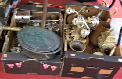 Lot 198 - Two boxes of metalware, to include brass,...