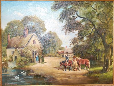 Lot 1025 - S Backhouse - figures and horses by a duckpond,...