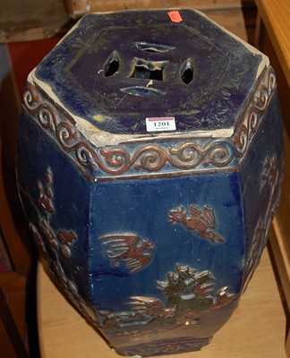 Lot 1201 - A Chinese blue glazed stoneware hexagonal...