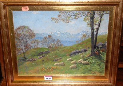 Lot 1050 - George Brown (1866-1911) - recumbent sheep on...