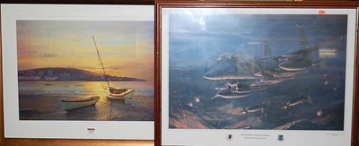 Lot 1072 - Michael Lees - Boats at sunset, lithograph,...