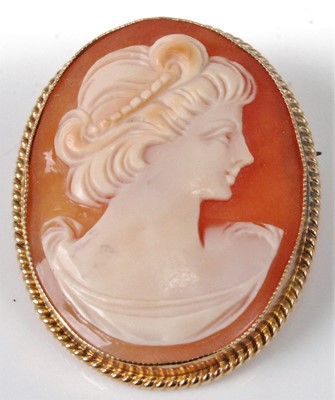 Lot 334 - A carved shell cameo brooch in 9ct gold mount,...