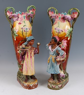 Lot 17 - A pair of large Art Nouveau majolica glazed...