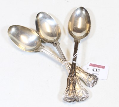 Lot 432 - A set of three Edwardian silver dessert spoons...