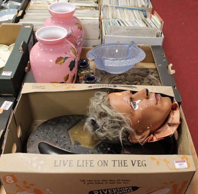 Lot 587 - A plaster clown mask, Victorian part desk...