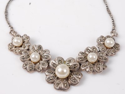 Lot 471 - A silver pearl and marcasite set necklet, 18g
