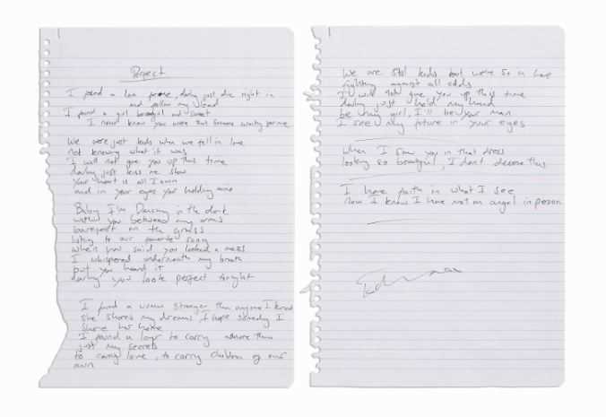 Lot 100 - Ed Sheeran Handwritten and Signed Lyrics for...