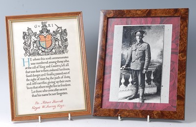 Lot 71 - A WW I memorial scroll, naming Pte. Albert...
