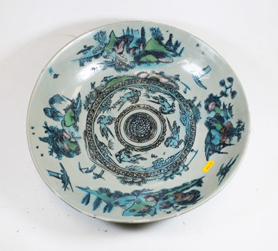 Lot 93 - A large Chinese stoneware shallow bowl, enamel...