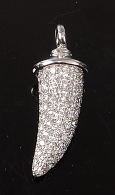 Lot 2271 - An 18ct white gold diamond horn pendant by...