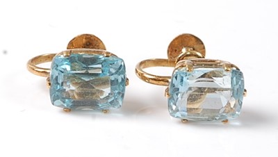 Lot 2234 - A pair of yellow metal aquamarine earrings,...