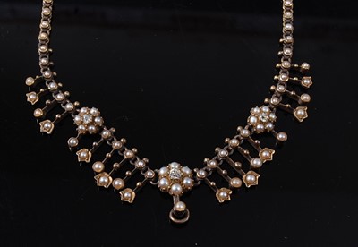 Lot 2274 - A yellow metal, diamond and seed pearl fringe...