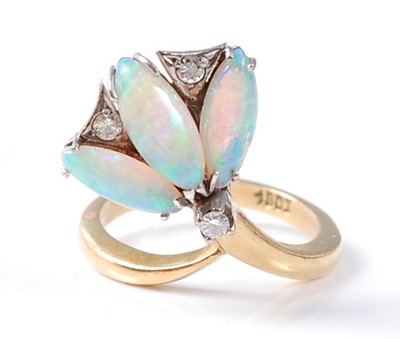 Lot 2507 - A yellow and white metal, opal and diamond fan...