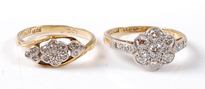 Lot 2566 - Two yellow and white metal diamond flower...