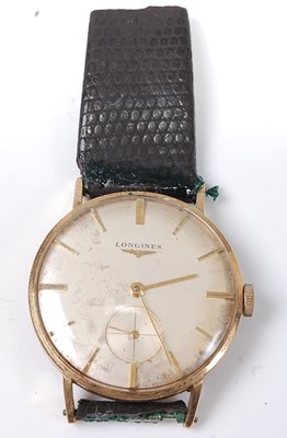 Lot 2586 - A yellow metal Longines manual wind wristwatch,...