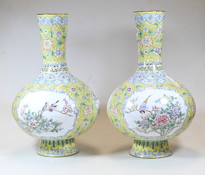 Lot 7 - A pair of continental enamel vases, each...