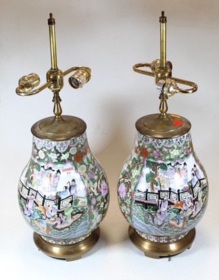 Lot 19 - A pair of Chinese brass mounted table lamps,...