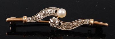 Lot 2663 - A yellow and white metal, pearl and diamond...