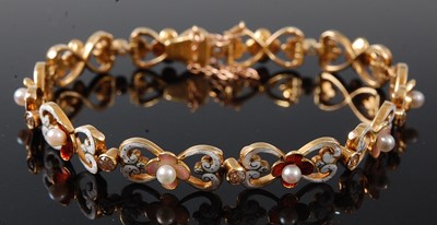 Lot 2664 - A yellow metal, pearl and diamond bracelet,...