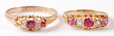 Lot 2708 - Two rings; being a yellow metal, ruby and...