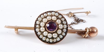 Lot 2809 - A yellow metal, amethyst and seed pearl set...