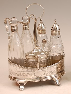Lot 3052 - A George III silver five-bottle cruet, of oval...