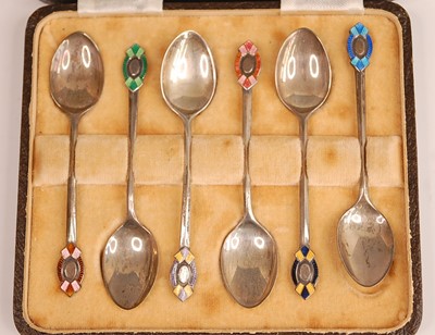 Lot 3069 - A cased set of six Art Deco silver and enamel...