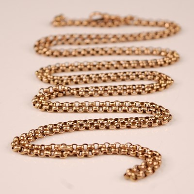 Lot 3107 - A yellow metal belcher link long guard chain,...