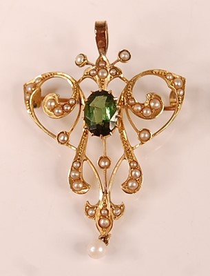 Lot 3128 - An Edwardian yellow metal, peridot and seed...