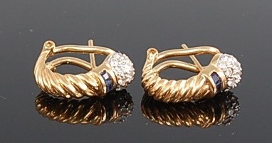Lot 3083 - A pair of yellow metal, diamond and sapphire...