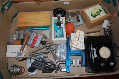 Lot 474 - A box of assorted watch repairer's workshop...