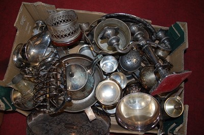 Lot 349 - A box of miscellaneous silver plated wares, to...