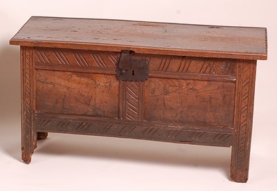 Lot 1379 - A circa 1700 oak two-panel coffer, of small...
