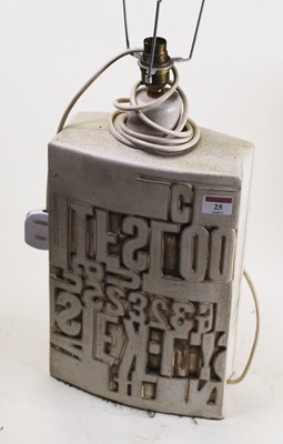 Lot 25 - A modern earthenware table lamp, of slab form,...
