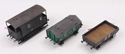 Lot 234 - Three brass 0 gauge kit built GER wagons,...