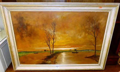 Lot 1005 - 20th century School - sunset scene, oil on...