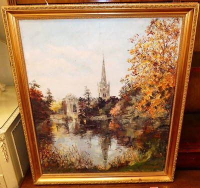 Lot 1009 - K Robson - river landscape with church spire...