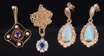 Lot 446 - A pair of yellow metal and opal set ear...