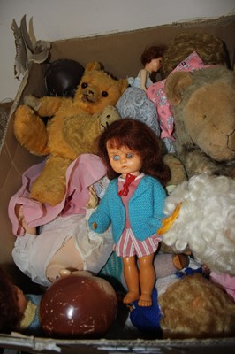 Lot 647 - A box of vintage teddy bears and celluloid dolls