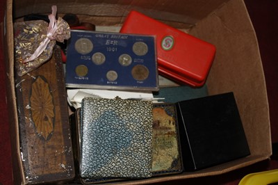 Lot 654 - A box of miscellaneous items to include coins,...