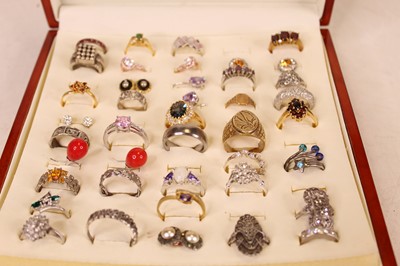 Lot 360 - A modern wood effect ring box, contents being...