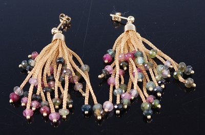 Lot 2311 - A pair of yellow metal tourmaline fringe drop...