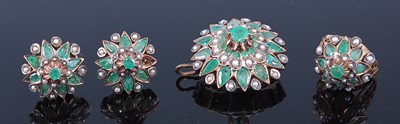 Lot 2334 - A yellow metal, emerald and pearl...