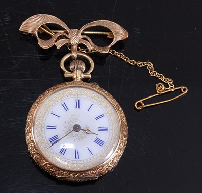 Lot 2239 - A yellow metal open face manual wind fob watch,...