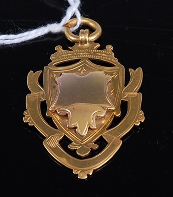 Lot 316 - A 9ct yellow gold shield shaped pendant, 45 x...