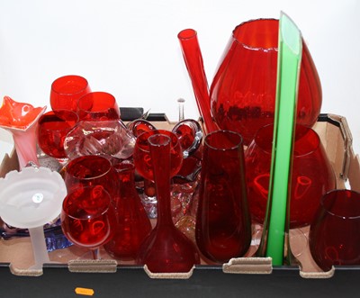 Lot 73 - A box of various coloured glassware to include...