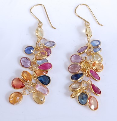 Lot 2515 - A pair of yellow metal multi-sapphire drop...
