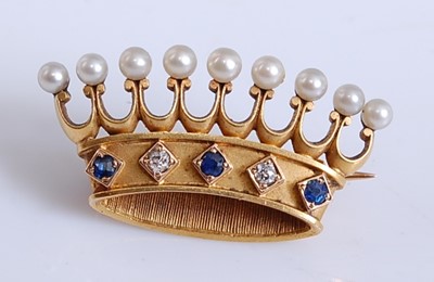 Lot 2202 - A yellow metal brooch in the form of a coronet,...