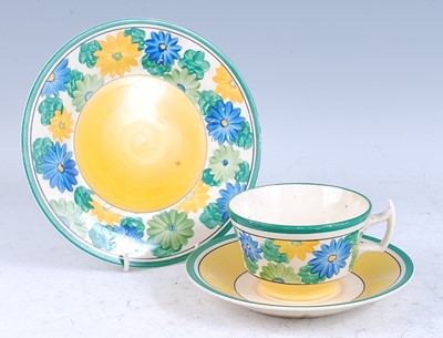 Lot 122 - A 1930s Clarice Cliff Sungay pattern tea-trio,...